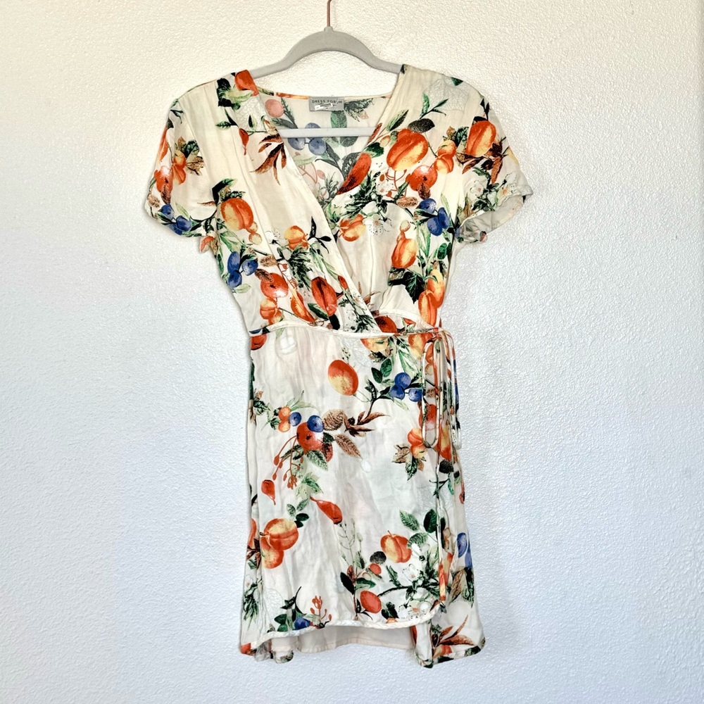 Dress Forum Peach Fruit Print Wrap Dress Short Sleeve Mini Size S Small - Picture 2 of 13